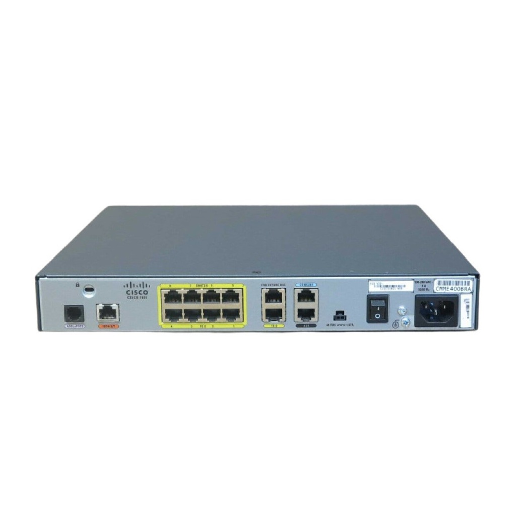 Cisco 1801 ISR ADSL over POTS router with 8-port 10/100BASE-T switch, ISDN S/T backup, Cisco IOS Advanced IP Services, 32 MB Flash, and 128 MB DRAM