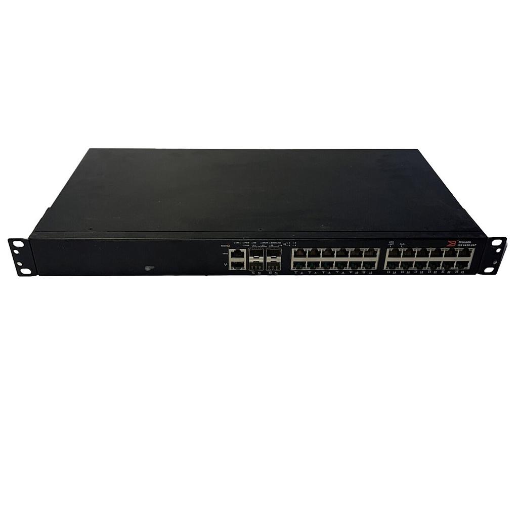 Brocade 24-port 1 GbE PoE+ switch 390 W, 4×1 GbE SFP uplink/stacking ports