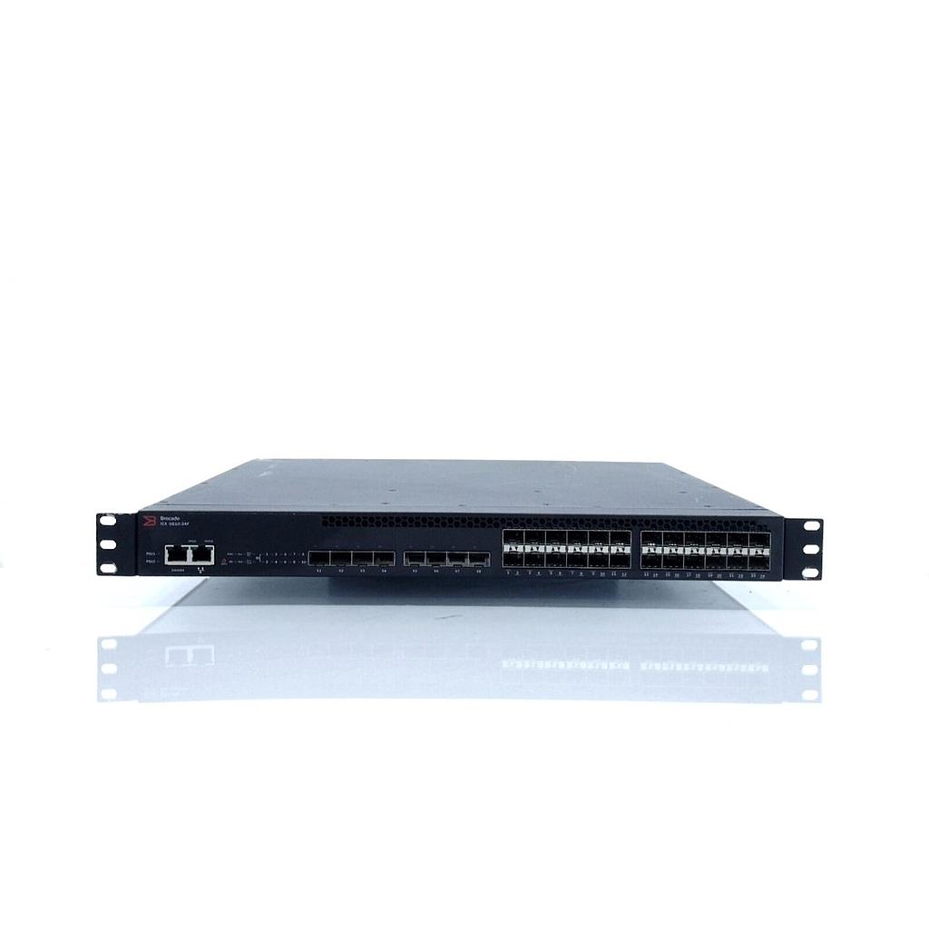 Brocade 24-port 1GbE SFP, plus 8×1 GbE SFPP uplink ports (upgradable to 10 GbE). 4×40 GbE QSFP stacking ports. 1 PSU side intake, hot-swappable fan assembly and 250 W PSU. Software base